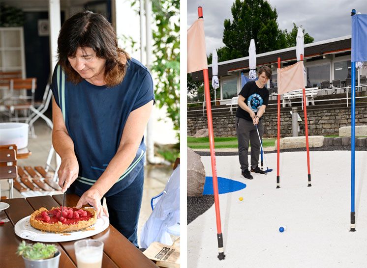 Links: Heike schneidet den selbstgemachten Himbeerkuchen an, rechts: Xenia auf der Ski-Bahn