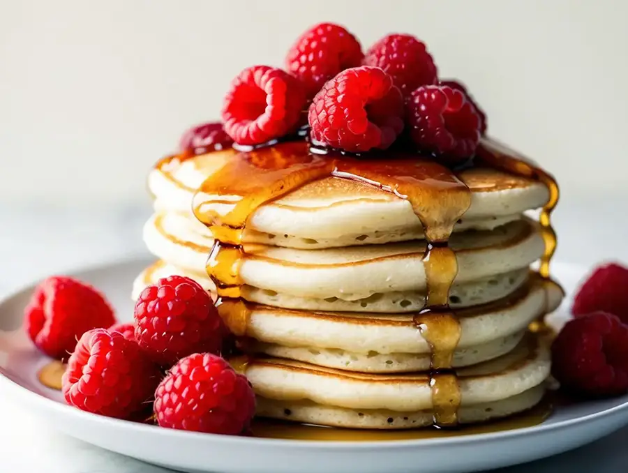 Pancakes mit Himbeeren und Ahornsirup.